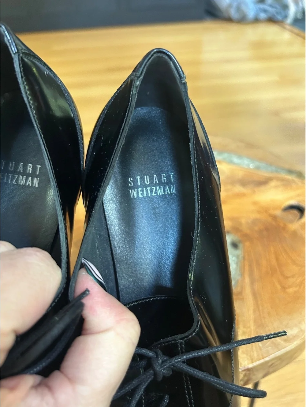 Stuart Weitzman Black Leather Pointed Toe Lace-Up Flats with Metallic Cap